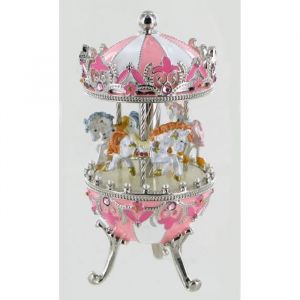 Oeuf musical de style Faberg&eacute; en m&eacute;tal avec chevaux de carrousel. Oeuf musical rose pour P&acirc;ques - La valse de Brahms