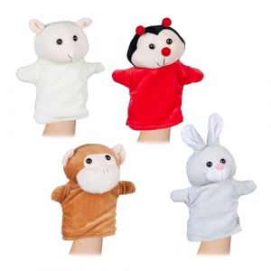 Relaxdays Marionnette à Main, en Lot de 4, Singe, Lapin, Coccinelle, Mouton, Toute Douce, pour Enfant, Multicolore