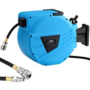 Bakaji Enrouleur de tuyau d'air comprimé avec tuyau 10 m raccord 1/4" fixation murale système verrouillage automatique, gain de place, accessoire compresseur d'air comprimé, pression maximale 12 bar