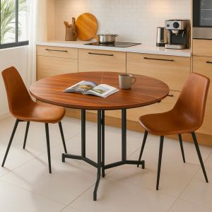 Menzzo Table ronde pliable gain de place Cokelio 120cm Métal et plateau 3 parties Bois Noisette