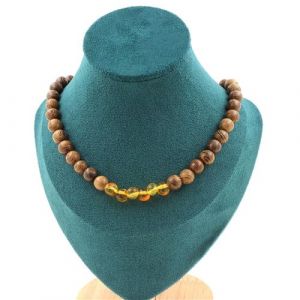 Collier perles Ambre véritable de la mer Baltique + bois 8 mm chaîne inox - A Bijoux
