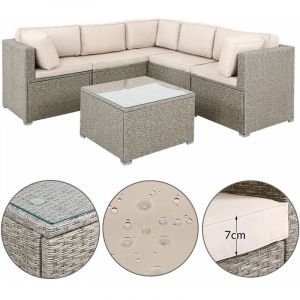 Deuba Canap&eacute; Lounge 20 pi&egrave;ces Gris - Beige Coussin Table Plateau Verre Meuble Salon de Jardin mobilier de Jardin int&eacute;rieur ext&eacute;rieur