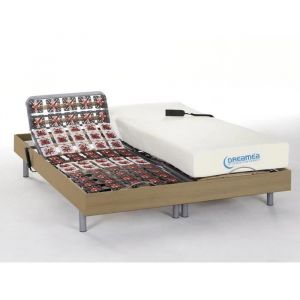 Lit &eacute;lectrique relaxation tout plots matelas m&eacute;moire de forme HESIODE III de DREAMEA - moteurs OKIN - ch&ecirc;ne naturel - 2 x 70 x 190 cm