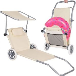SPRINGOS Fauteuil inclinable d'été avec roues Chaise longue à roulettes Chaise longue avec pare-soleil Dossier réglable en 5 positions 2 roues