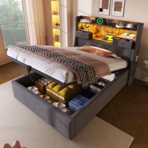 Lit coffre enfant 90x200 cm avec espace de rangement, &eacute;clairage LED et 4 ports USB-Type-C, lin, sans matelas, sans fond, gris