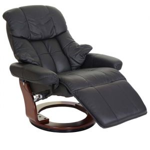 D&eacute;coshop26 Fauteuil tv de relaxation pivotant avec repose-pieds ajustable en cuir v&eacute;ritable noir cadre en bois aspect noyer 040007815