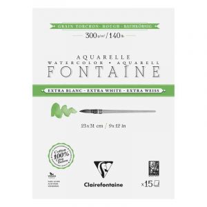 Clairefontaine 976080C Bloc Encoll&eacute; 4 C&ocirc;t&eacute;s Fontaine Extra Blanc Grain Torchon 23x31cm 300g - 15 Feuilles Papier Aquarelle Extra Blanc 100% Coton - Qualit&eacute; Professionnelle