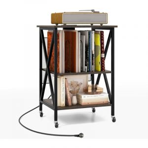 COSTWAY Meuble Tourne-Disque Vinyle avec Prise, Table d&rsquo;Appoint &agrave; Roulette avec Station de Charge, 2 Prises, 2 USB, 1 Type-C, Bout de Canap&eacute;, Support