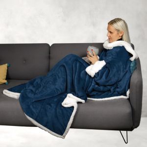Plaid intégral manches et poche - 140x210cm - Sherpa et flanelle - Adulte - Bleu - Vivezen