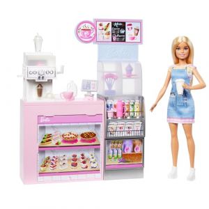 Barbie Coffret Pause Café avec poupée Barista Blonde et Plus de 12 Accessoires, Dont Une Machine à café/Smoothie, de la Nourriture, des Tasses et Bien Plus Encore, HXN94