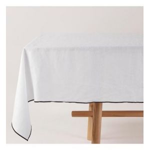 Nappe rectangulaire 170x250 cm Blanc pur et bourdon noir en Lin