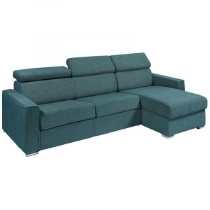 Canap&eacute; d'angle r&eacute;versible convertible express en tissu bleu - Couchage &agrave; lattes larges 160 cm - Matelas 14 cm - VIZIR