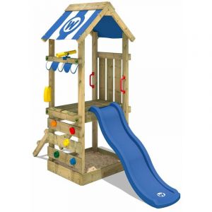 Image de Wickey Aire de jeux Portique bois FunkyFlyer avec toboggan bleu Maison enfant exterieur avec bac à sable, échelle d'escalade