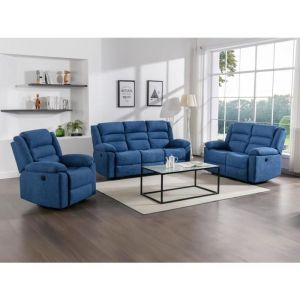 Canapé 3 places, 2 places et fauteuil relax électrique en tissu bleu BUROLO