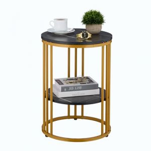 Relaxdays Table d'appoint, métal et MDF, 2 Plateaux Aspect marbre, H x D : 56 x 40 cm, pour Le Salon, Noir et doré
