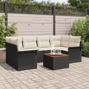 Ensemble de canap&eacute; de jardin 7 pi&egrave;ces avec coussins Noir Poly Rattan Acacia