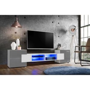 Meuble Banc Tv Merano Version 2 Komodee - Led Bleues - Gris Brillant Et Blanc - 230 X 53 X 35 Cm