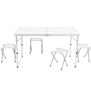 Terre Jardin - Table de camping pliante 120x60x70 cm - 4 tabourets inclus. Compacte et réglable - idéale pour les professionnels nomades