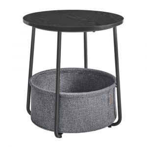 Petite Table Basse Ronde, avec Panier en Tissu, Rangement, pour Salon, Chambre, Table de Chevet, Style Moderne, Noir Bois&eacute; et Gris Ardoise