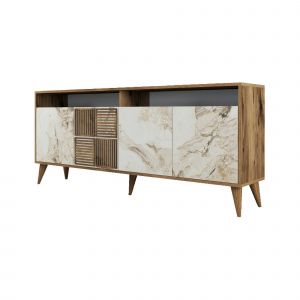 Dmora - Console Dpogg, Table polyvalente, Armoire de rangement, Bureau du couloir, 180x35h79 cm, Noyer et Marbre Blanc