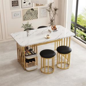 Ensemble table à manger avec 4 chaises, cadre en acier, table rectangulaire 140x80x75cm avec espace de rangement, blanc et or
