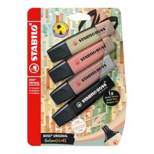 Stabilo Surligneur BOSS ORIGINAL NatureCOLORS - Blister carton x 4 surligneurs - vert tilleul, orange rouille, marron glacé, noir - 1 marqueur noir inclus