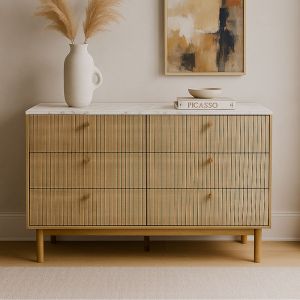 Concept-Usine Buffet 6 tiroirs aspect bois rainur&eacute; et marbre 120cm BROX