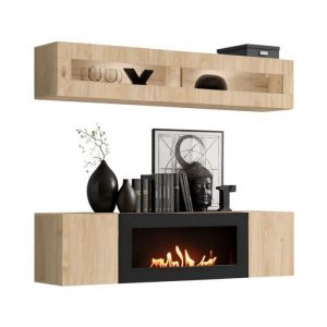 Composition murale FLY &ndash; Ch&ecirc;ne clair &ndash; Vitrine horizontale vitr&eacute;e et meuble TV avec chemin&eacute;e bio-&eacute;thanol