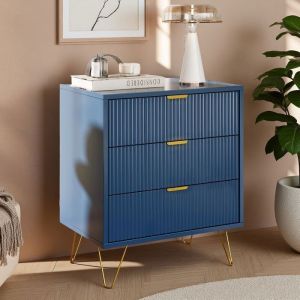 Commode &agrave; 3 Tiroirs - Manche et Pieds Couleurs Dor&eacute;es - 60 x 40 x 70 cm - Design - pour Chambre/Salon/Bureau - Bleu Profond
