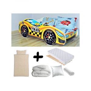 Image de Pack complet Lit enfant Voiture Racing Taxi Jaune = Lit+Matelas & Parure+Couette+Oreiller