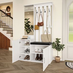Ensembles 3 en 1 de Meuble d'entrée vestiaire avec Panneau Porte-Manteau, Miroir et Banc à Chaussures, Coussin d'assise amovible, 100x40x180cm, Blanc