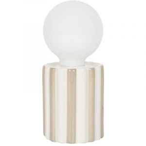 Lampe &agrave; poser c&eacute;ramique ray&eacute; taupe et blanc abat-jour globe (H17cm) sur piles