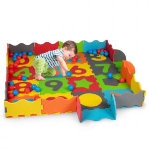 Let's Play Set de Jeu - 3 en 1 : Tapis de Jeu, Puzzle et Piscine a balles - Caoutchouc Mousse - 40 Balles