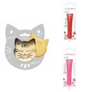 Kit pour biscuit en relief Chat + 2 Stylos au chocolat rouge et fuchsia
