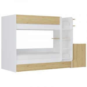 Lit superpos&eacute; avec tiroir lit gigogne et 2 bureaux 3 x 90 x 190 cm - Coloris : Blanc et naturel - DOMATI