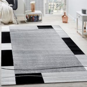 Tapis De Cr&eacute;ateur Contemporain &agrave; Lignes Et Carreaux En Gris Cr&egrave;me Noir 60x100 cm - Paco Home