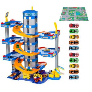 Molto Garage à jouets Bleu 6 étages + 10 voitures + Tapis de jeu. Garage avec Station-Service et rampes. Jouet pour enfants