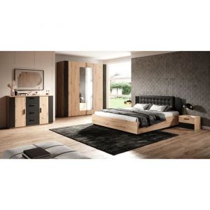 Chambre à coucher complète fox : Lit coffre 180x200, Armoire, commode et chevets. Couleur chêne clair et noir - Marron - Bois