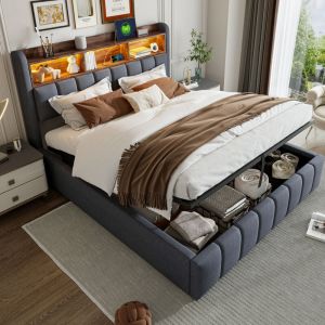 Lit coffre 180x200 cm, lit adulte double, hydraulique, LED+USB, t&ecirc;te de lit coffre, sommier &agrave; lattes rembourr&eacute;, sans matelas, lin, gris