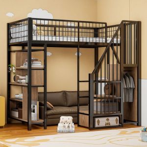 Lit mezzanine 90x200 cm - Lit en métal - Avec rangements - Avec escalier et barrières de sécurité - Noir (matelas non inclus)