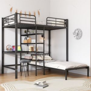 Lit superposé 90x200cm, avec table et échelle commme 5 niveax de étagères de rangements, anti-chute, fer + MDF, noir