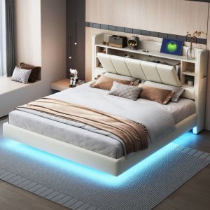Fortuna Lai - Lit adulte 160x200cm - lit flottant led avec sommier à lattes et tête de lit réversible avec étagères et port charge - lin beige