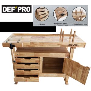 Établi d'atelier en bois 120 cm avec rangements – 4 tiroirs et 1 trappe