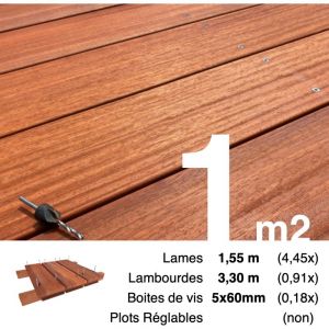 Kit terrasse bois exotique PADOUK pour 1 m², Lames 1,55 m, lambourdes 2,75 m et visserie Inox