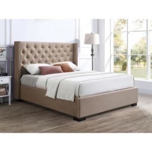 Lit coffre 160 x 200 cm avec tête de lit capitonnée - Tissu - Beige - MASSIMO