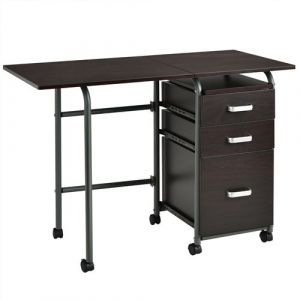 Bureau informatique giantex pliable en bois avec 3 tiroirs coulissants et roues verrouillables, 105,5 x 50,5 x 74 CM, marron
