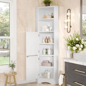 Meuble de salle de bain triangulaire 51.7 x 32 x 155.4cm - 2 compartiments ouverts - 2 portes - &eacute;tag&egrave;res r&eacute;glables - blanc