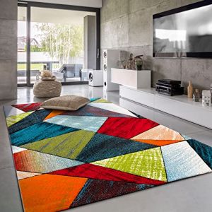 Image de Paco Home - Tapis Salon Chambre Adulte Poils Ras Geometrique Vintage Losange Vert Rouge Bleu 200x290 cm