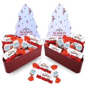 2 boites sapin de Noël blanches et rouges garnies de chocolats Kinder