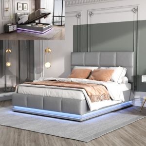 Lit coffre 140x200 cm avec LED, lit 140x200 avec sommier &agrave; lattes, tissu en PU, gris